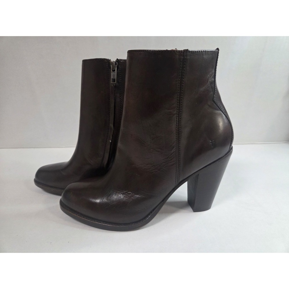 Frye Women's Dark Brown Leather Ankle Booties Block Heel Side Zip Boots Size 8.5